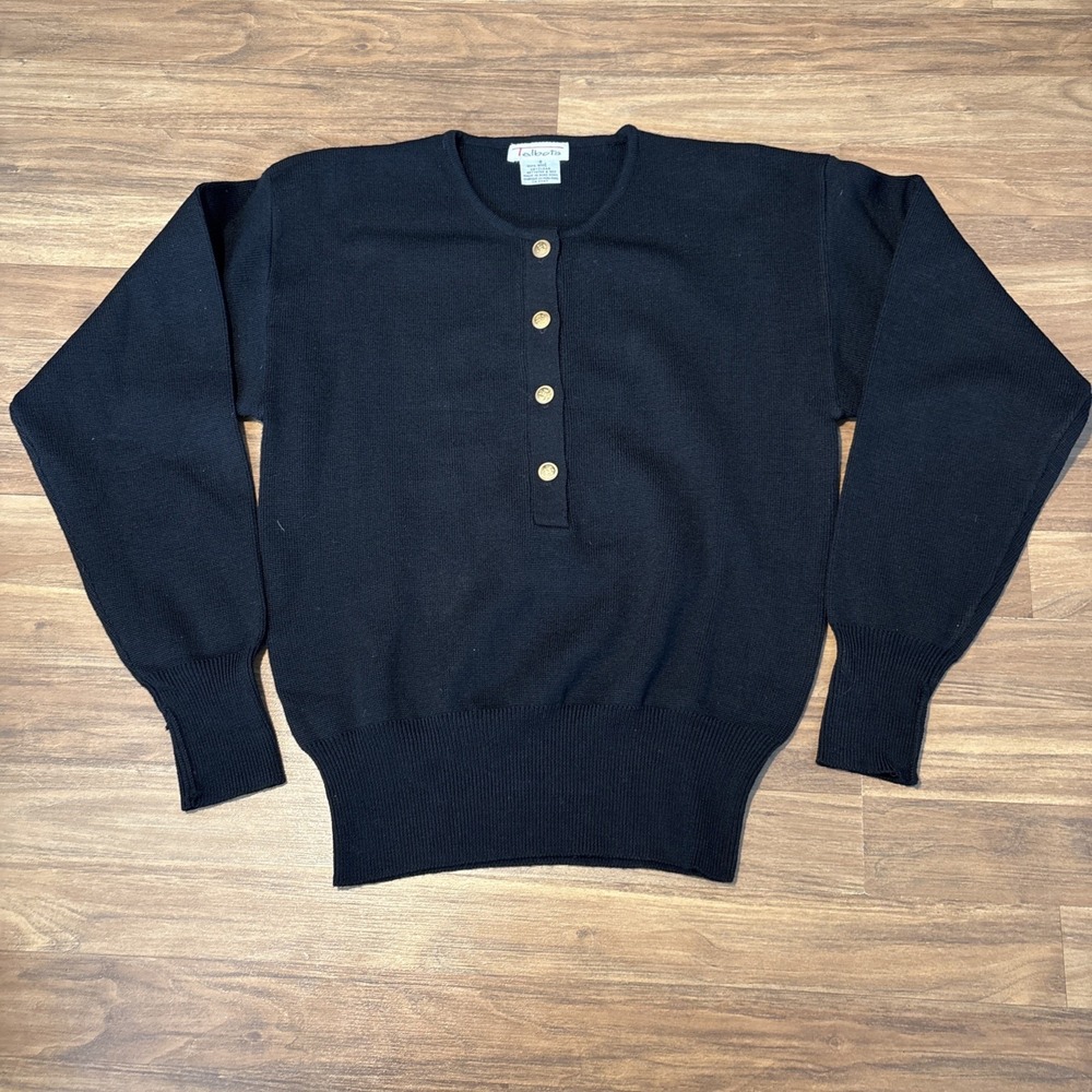Talbots Womens Black Wool Pullover Sweater Gold Crest Buttons Small
